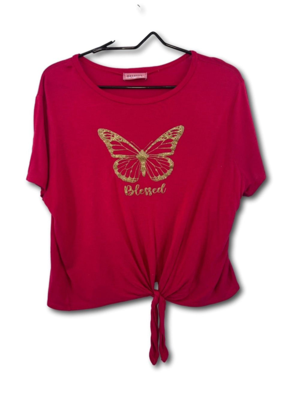 Ragdoll Top Short Sleeve Cropped Shirt Tie Hem Womens XS Red Blessed